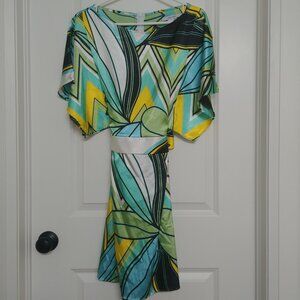 Zara stretch satin floral dress Medium white black yellow green batwing …